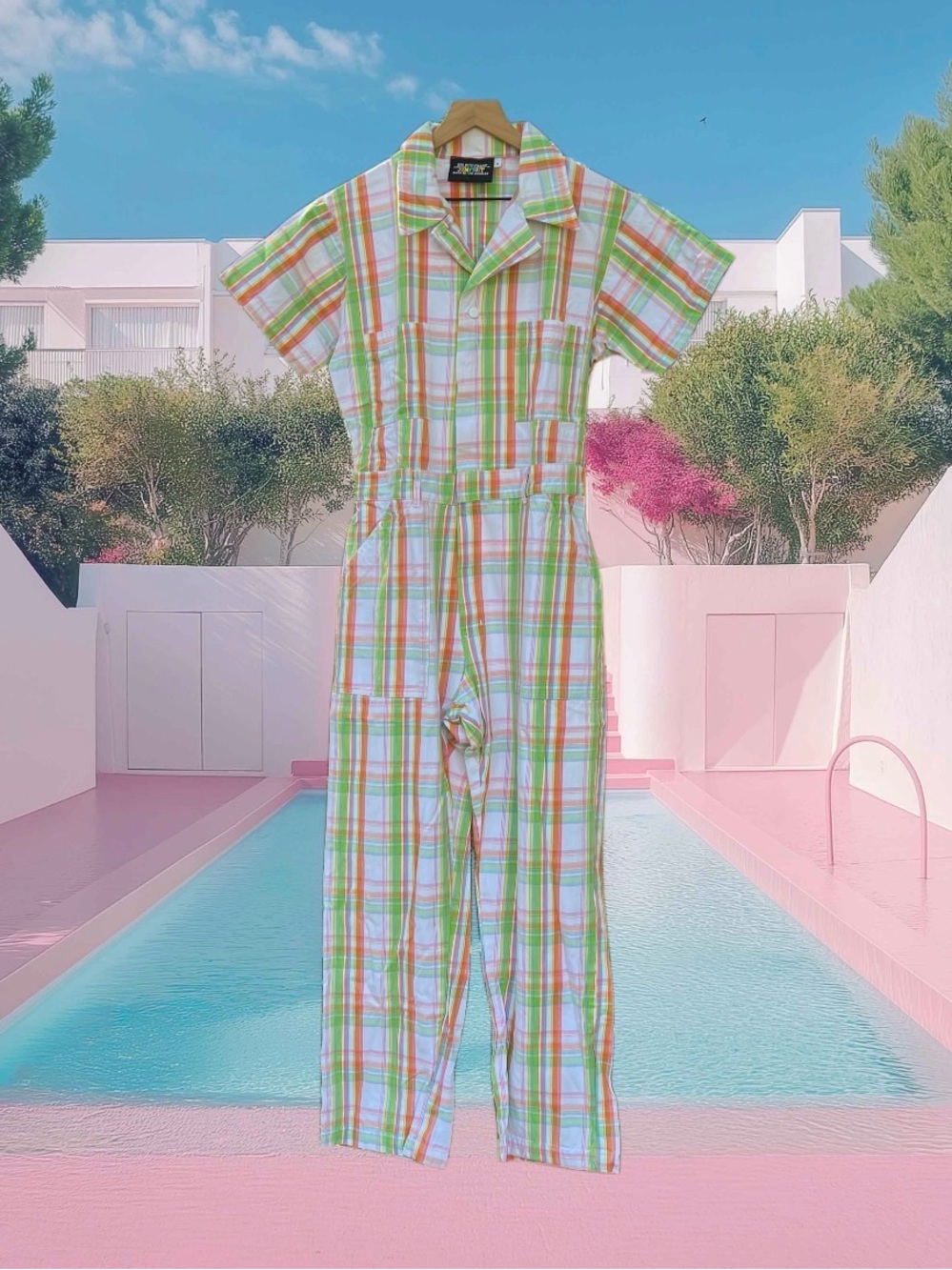Big Bud Press Spring Rainbow Plaid Short Sleeve Jumpsuit Size L